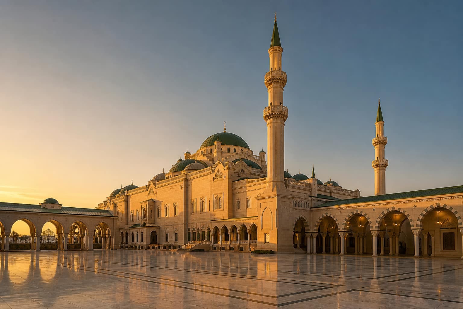 Mosque exterior and empty courtyard at golden hour