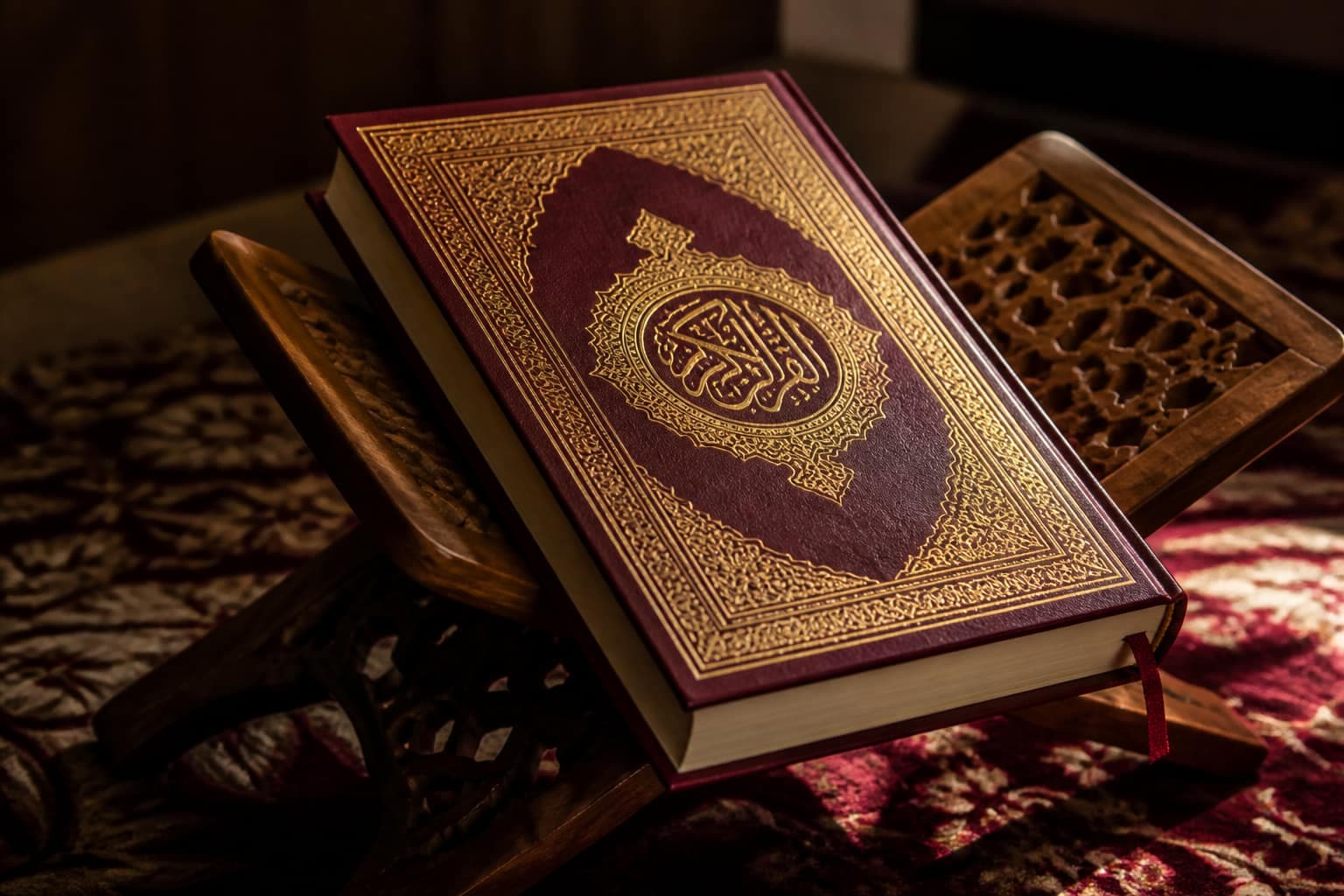 Holy Quran with gold calligraphy on a wooden stand