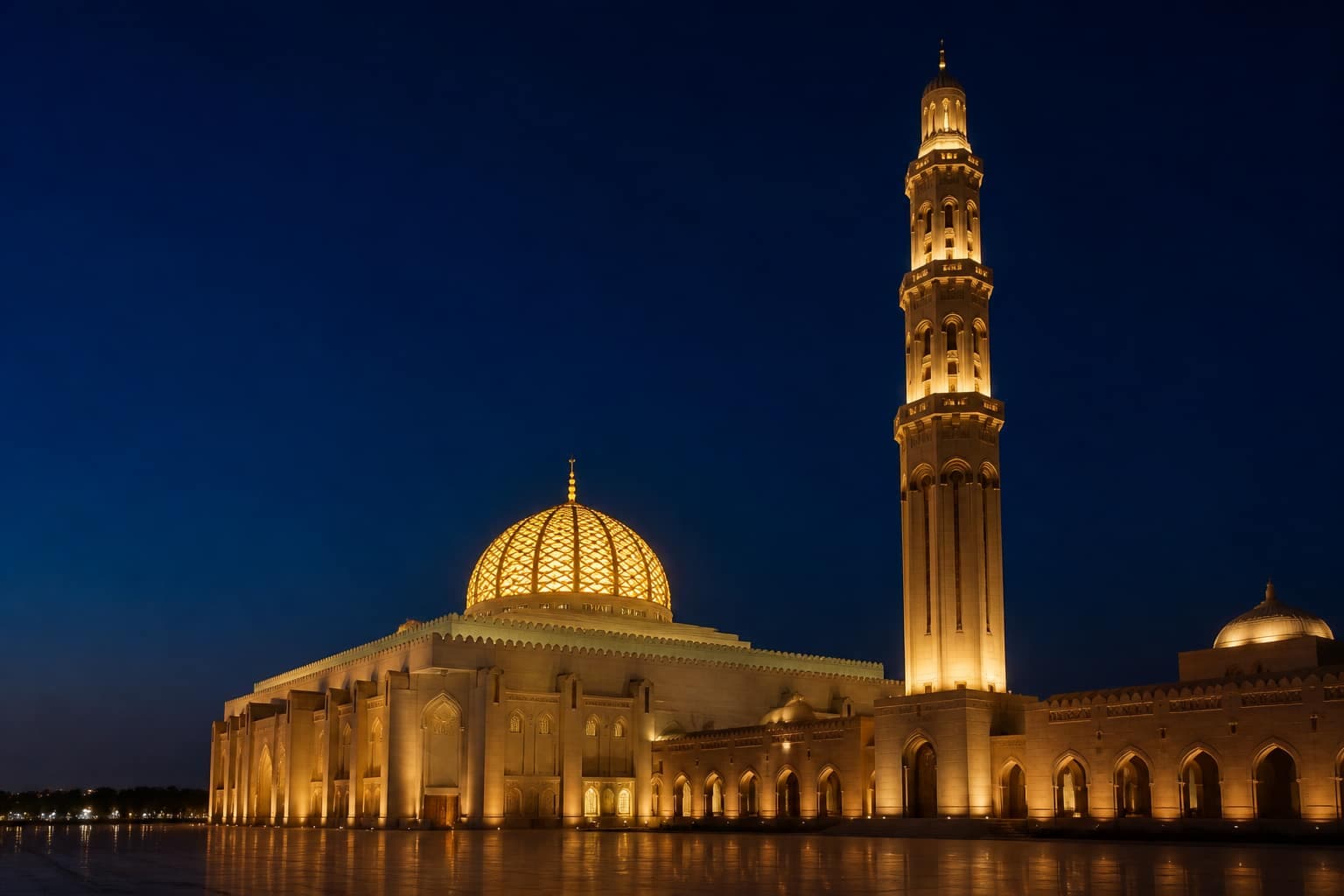Illuminated mosque dome and minaret at night